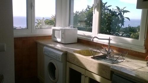 cocina con fregadero, microondas y ventanas en Casa das conchas, en Buarcos