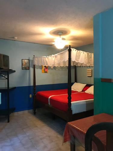 a bedroom with a bed with a red comforter at Hotel Colorado in Playa del Carmen
