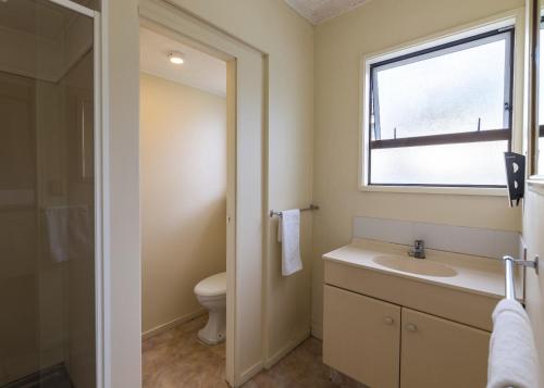 a bathroom with a sink and a toilet and a window at Motel 22 in Lower Hutt