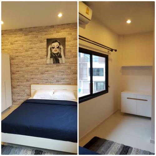 two pictures of a bedroom with a brick wall at Samui Paca place in Mae Nam