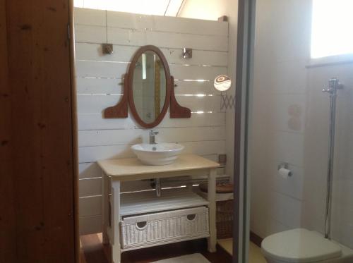 a bathroom with a sink and a mirror at La grange de G. in Grand Gaube