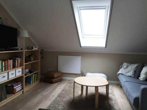 een woonkamer met een blauwe bank en een raam bij fewo anderswo in der Nähe von Stralsund in Pantelitz