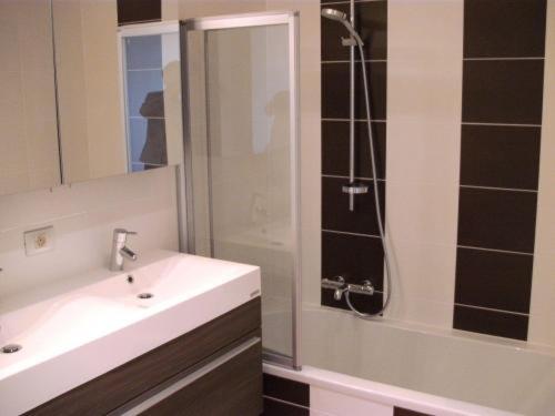 een badkamer met een wastafel en een douche met een spiegel bij Infinity I, 0405 in Oostende