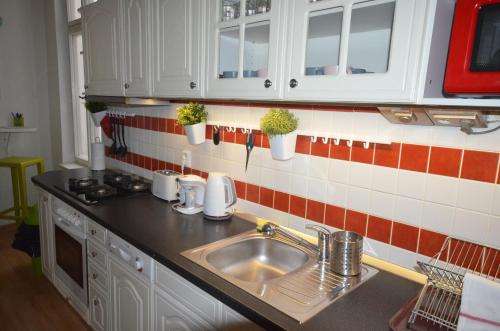a kitchen with a sink, stove, and cabinets at Travel&Joy backpackers in Prague