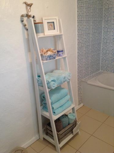 a white ladder shelf in a bathroom with towels at Birtles Farm Bed and Breakfast in Knutsford