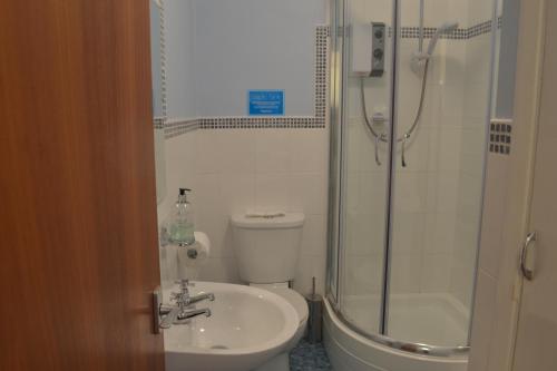 uma casa de banho com um chuveiro, um WC e um lavatório. em Honeysuckle Bungalow em Torquay