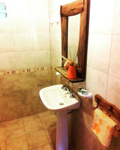 ein Badezimmer mit Waschbecken und Spiegel in der Unterkunft Cabañas de Campo in Santa María