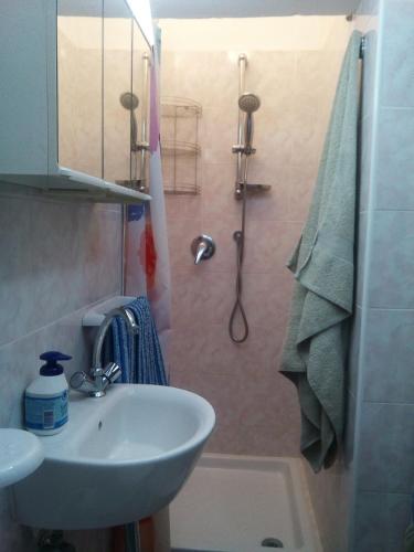 La salle de bains est pourvue d'un lavabo et d'une douche. dans l'établissement Casa Teatro Greco, à Catane