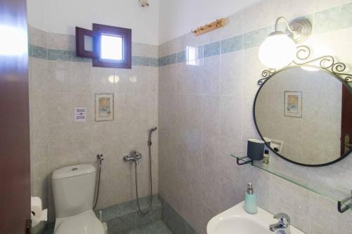 a bathroom with a toilet and a sink and a mirror at To Petrino in Koufonisia