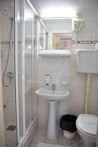 a bathroom with a shower and a sink and a toilet at Garni Hotel Lav in Belgrade