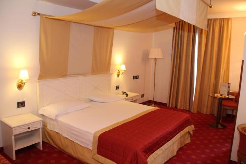 a hotel room with a bed with a red blanket at Hotel Palace Savuto in Malito