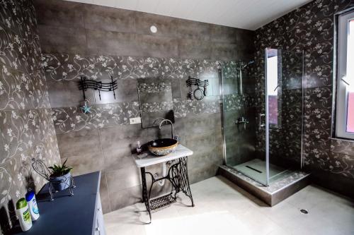 uma casa de banho com um chuveiro e um lavatório. em Casa de Khasia em Zugdidi