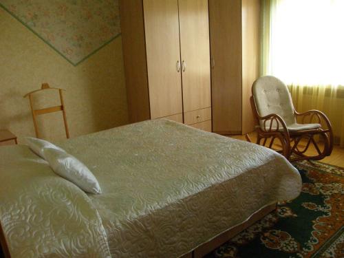 a bedroom with a bed and a chair and a window at Home for Guests Lakštingala in Šiauliai