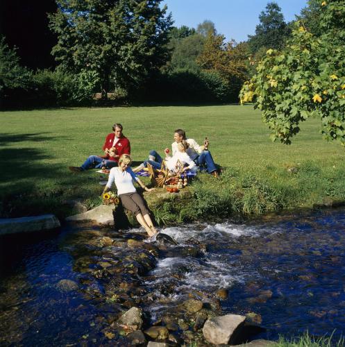 a group of people sitting on the grass by a stream at Nashira Kurpark Hotel in Bad Herrenalb