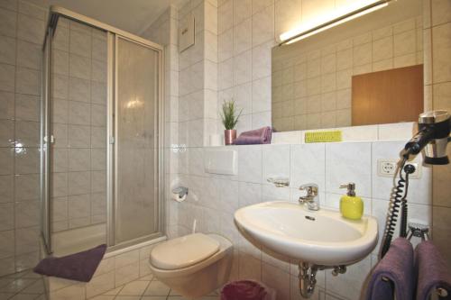 a bathroom with a sink and a toilet and a shower at Ferienhof Rieger in Rotthalmünster