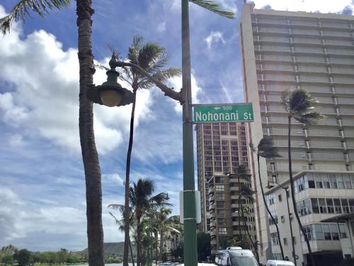 a street sign on a street light with palm trees at Holiday Surf Hotel (with full kitchen) in Honolulu