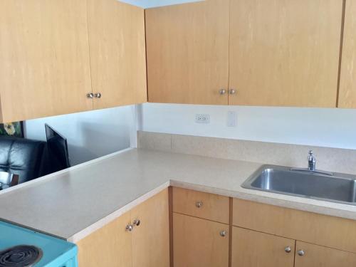 a kitchen with a sink and a counter top at Holiday Surf Hotel (with full kitchen) in Honolulu