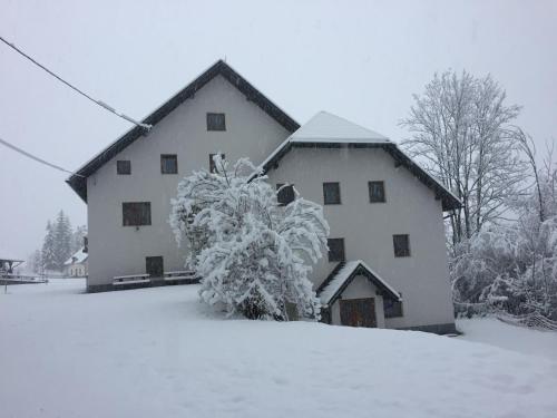a large white house with snow on it at Youth Hostel Nika in Kranjska Gora