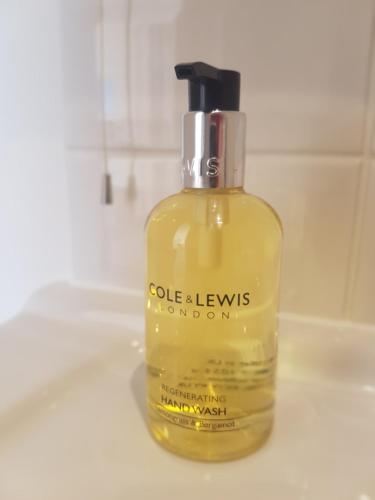 a bottle of soap sitting on a bathroom sink at The Shipwreck Loft in Shotley Gate
