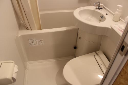 La petite salle de bains est pourvue de toilettes et d'un lavabo. dans l'établissement Nikko Station Hotel 2, à Nikkō