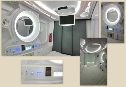 a collage of four pictures of an airplane bathroom at Stay With Me Capsules Hostel in Melaka