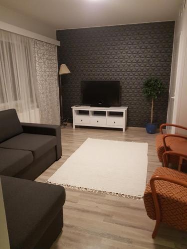 a living room with a couch and a flat screen tv at Gasthaus Patruuna in Joutseno