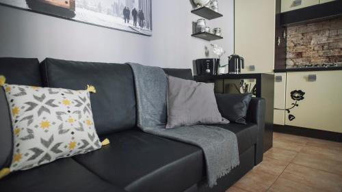 米蘭的住宿－意式公寓- 科索聖聖哥達16號，客厅配有带枕头的黑色沙发