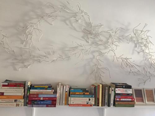 une étagère avec des livres et une peinture sur le mur dans l'établissement Mon Refuge Urbain, à Montpellier