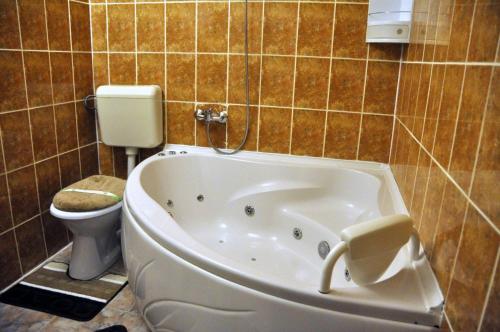 a bathroom with a bath tub next to a toilet at Pensiunea Alex in Sinaia