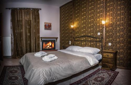 カルペニシにあるXenonas Sta Tzakiaのベッド2台と暖炉付きのホテルルームです。
