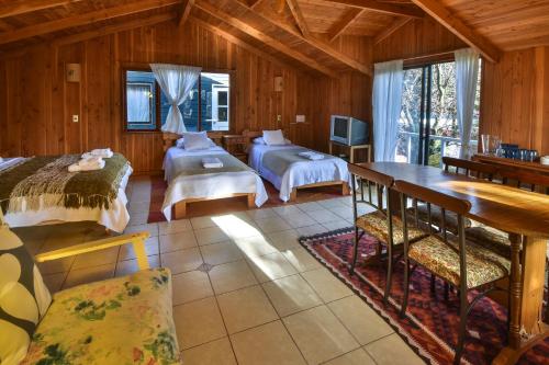 a bedroom with two beds and a television in a room at Hola Pucon in Pucón