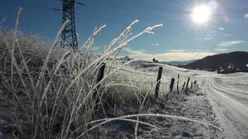 a fence next to a snowy road with the sun at Biohof Gölly in Neumarkt in Steiermark