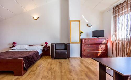 Dormitorio con cama, escritorio y TV en Apartment Lenka, en Premantura