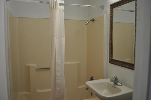 a bathroom with a shower and a sink and a mirror at Raider Inn in Lubbock