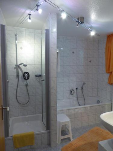 a bathroom with a shower and a tub and a sink at Ferienwohnung Treuter in Viereth-Trunstadt