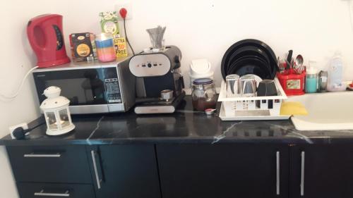 encimera de cocina con microondas y cafetera en Guesthouse Jasmin, en Sapareva Banya