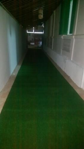an empty hallway with green carpet in a building at Colour Holidays in Cairo