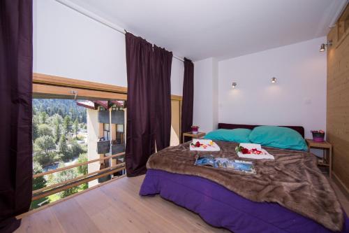 sypialnia z łóżkiem i dużym oknem w obiekcie Résidence Grand Roc - Campanules 306 - Happy Rentals w Chamonix-Mont-Blanc