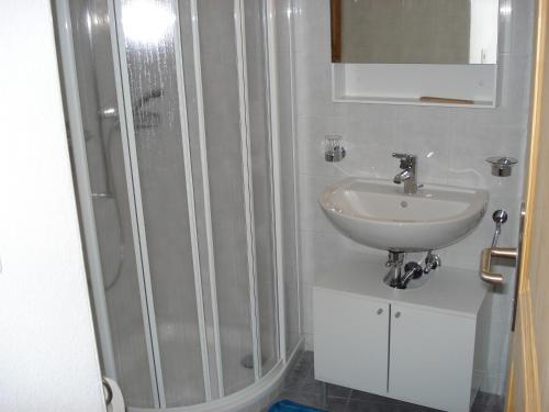 a white bathroom with a sink and a shower at Rustico Aurora in Brontallo