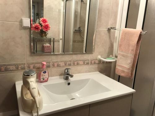 a bathroom with a white sink and a mirror at A Casa da Avó Leonor in Idanha-a-Nova