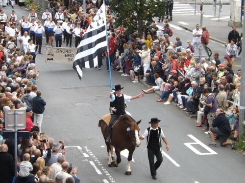 a man on a horse carrying a flag in a parade at Hotel Du Port in Concarneau