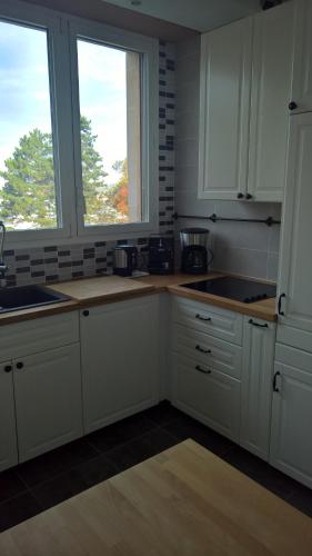 une cuisine avec des armoires blanches et une fenêtre dans l'établissement Appartement Meublé, à Garches