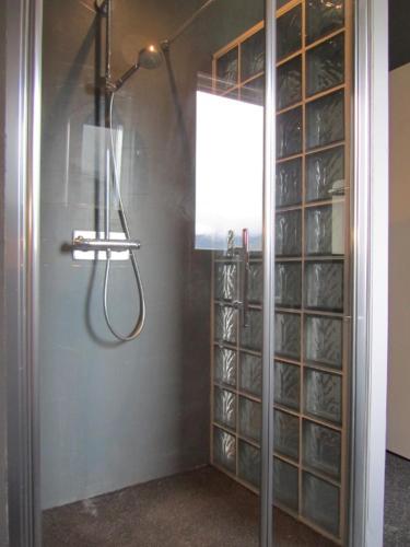 d'une douche avec une porte en verre. dans l'établissement Les GITES DE CAMPARAN - gîte 