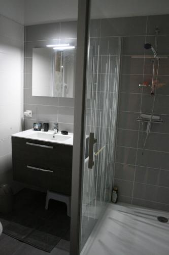 La salle de bains est pourvue d'un lavabo et d'une douche en verre. dans l'établissement Casa Oliva -situé au 2ème étage sans ascenseur, à Perpignan