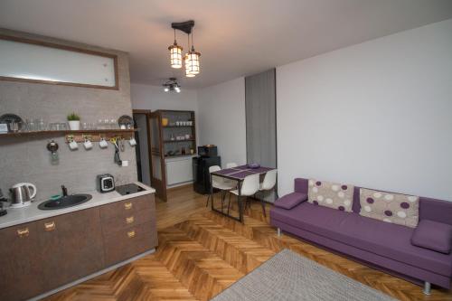 a kitchen and a living room with a purple couch at Poarta Schei apartment in Braşov