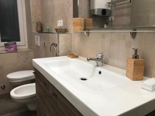 een badkamer met een witte wastafel en een toilet bij Candille in Nice