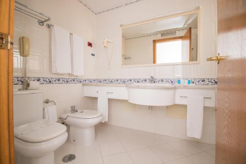a bathroom with a toilet and a sink and a mirror at Hotel Apartamento Do Golfe in Vilamoura