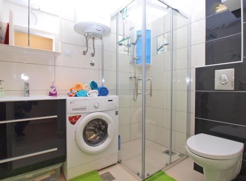 a bathroom with a washing machine and a toilet at Apartment Branka 1507 in Fažana