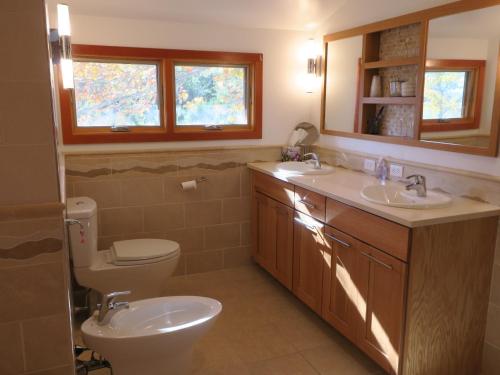 a bathroom with a toilet and two sinks and a mirror at Acadia Ocean Front Garden Cottages in Trenton