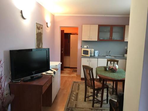een woonkamer met een televisie en een tafel met stoelen bij Hotel Triumph in Nova Zagora